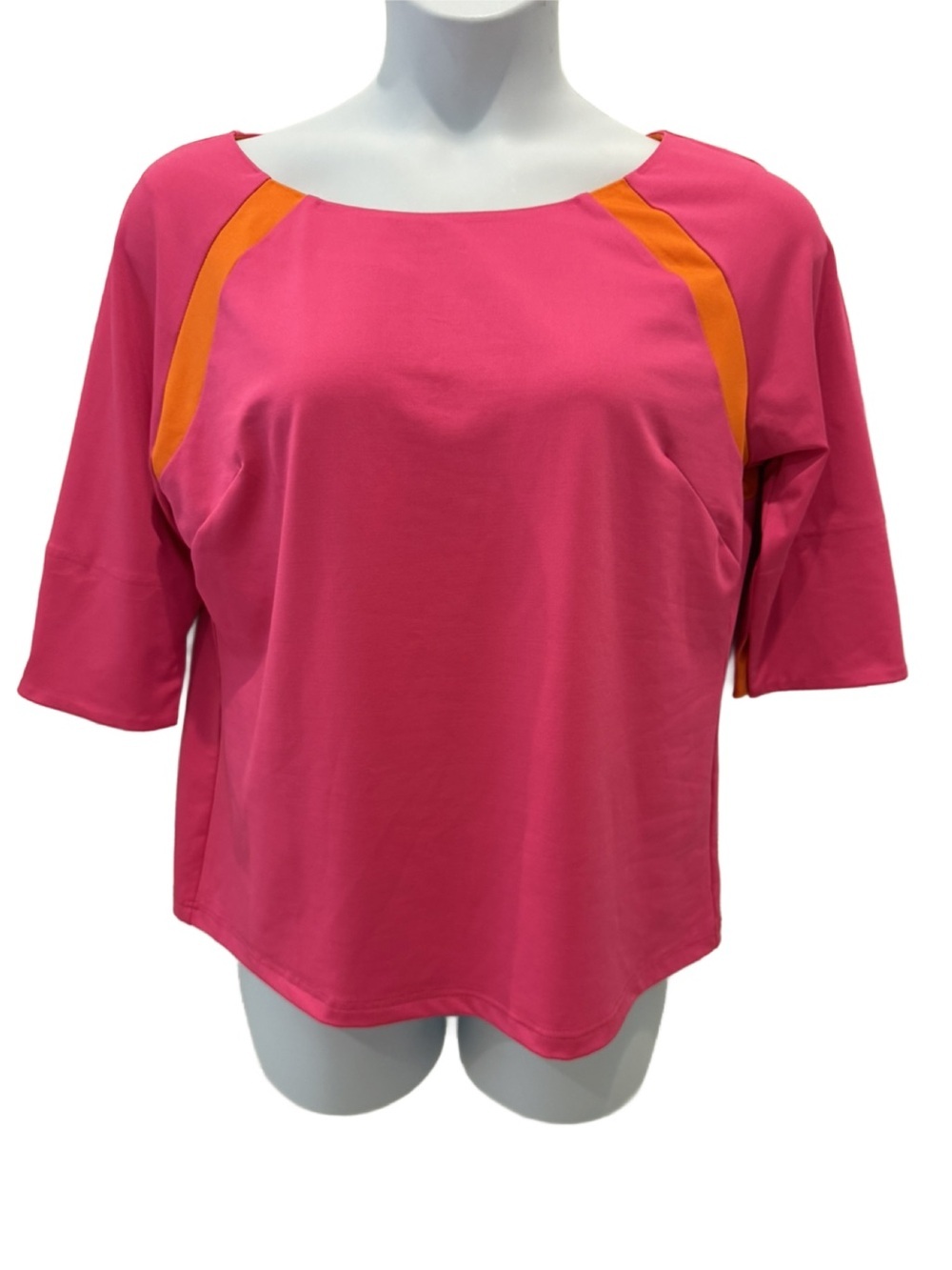 Gretchen Scott Hot Pink Short Sleeve Top with Orange Accent. Large